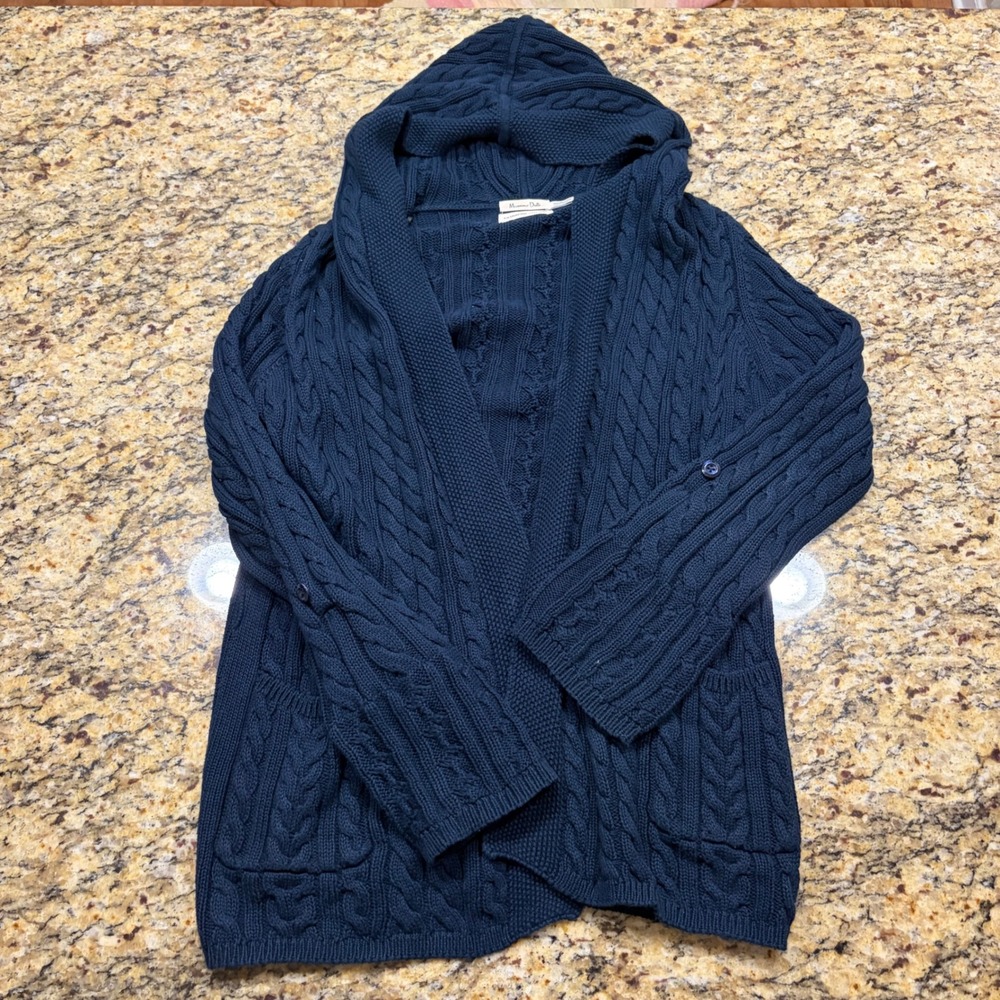 Massimo Dutti Navy Blue Extrafine Cotton Cable Knit Hooded Cardigan Sweater S